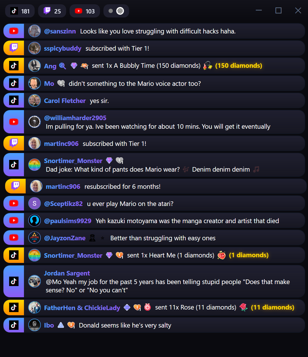 Unified chat feed from TikTok, Twitch, and YouTube