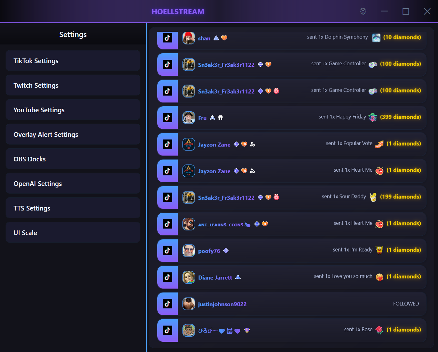 HoellStream settings panel with platform configurations